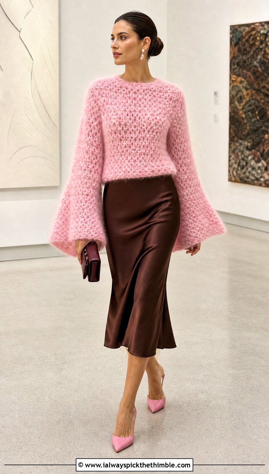 Bell Sleeve Mohair Crochet Fluffy Sweater With Satin Skirt - 25 crochet fluffy sweater outfit ideas