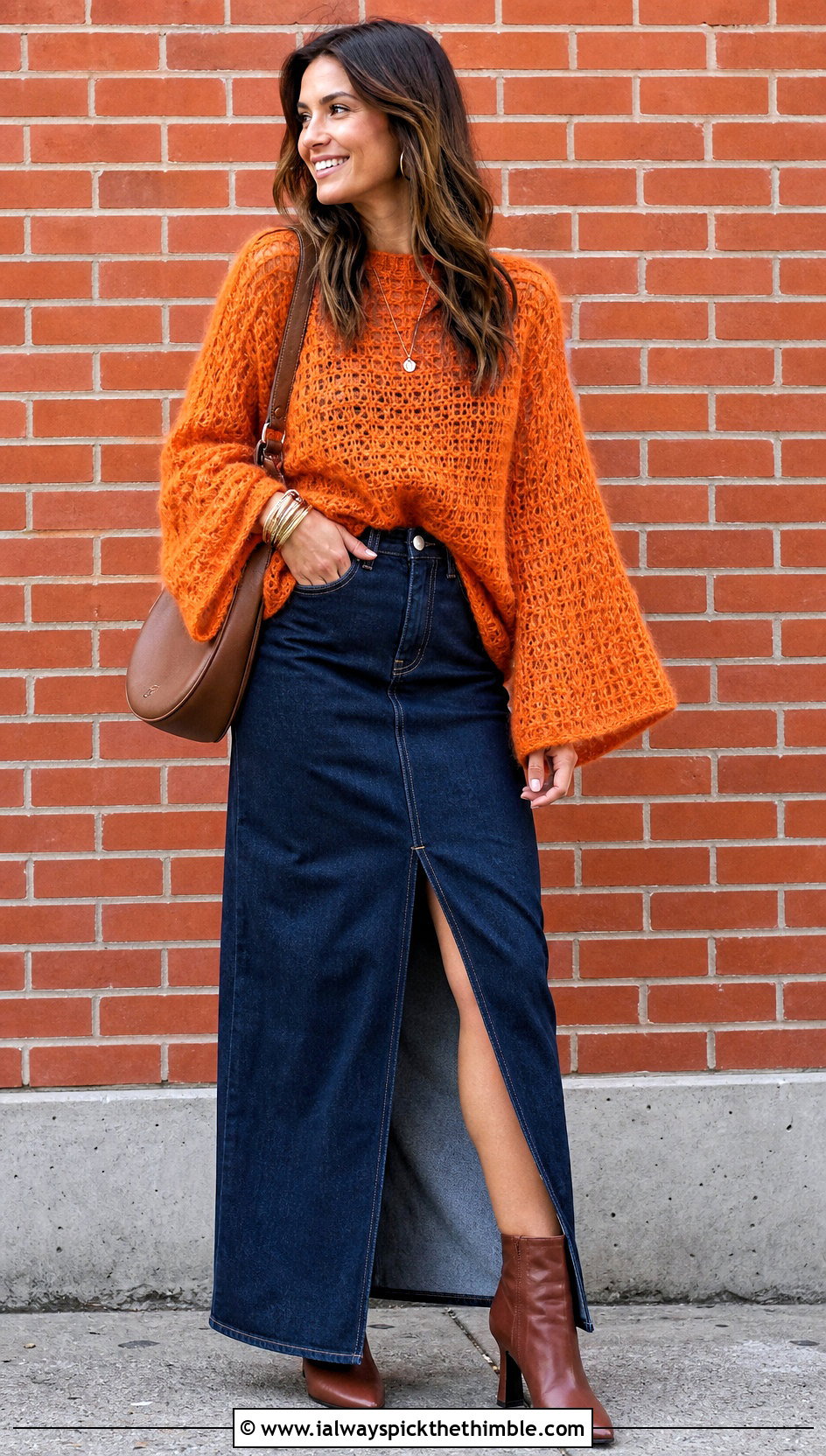 Bell Sleeve Mohair Crochet Sweater With Denim Maxi Skirt - 25 mohair crochet sweater outfit ideas