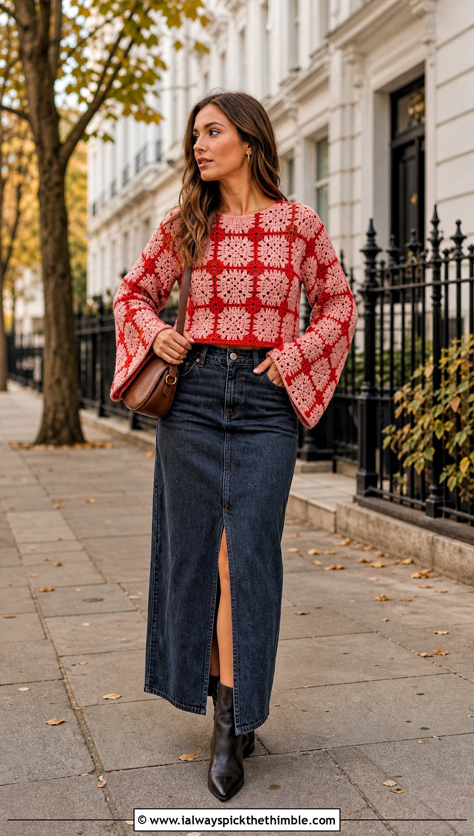Bell Sleeve Mosaic Crochet Sweater With Denim Maxi Skirt - 20 Mosaic Crochet Sweater outfit ideas