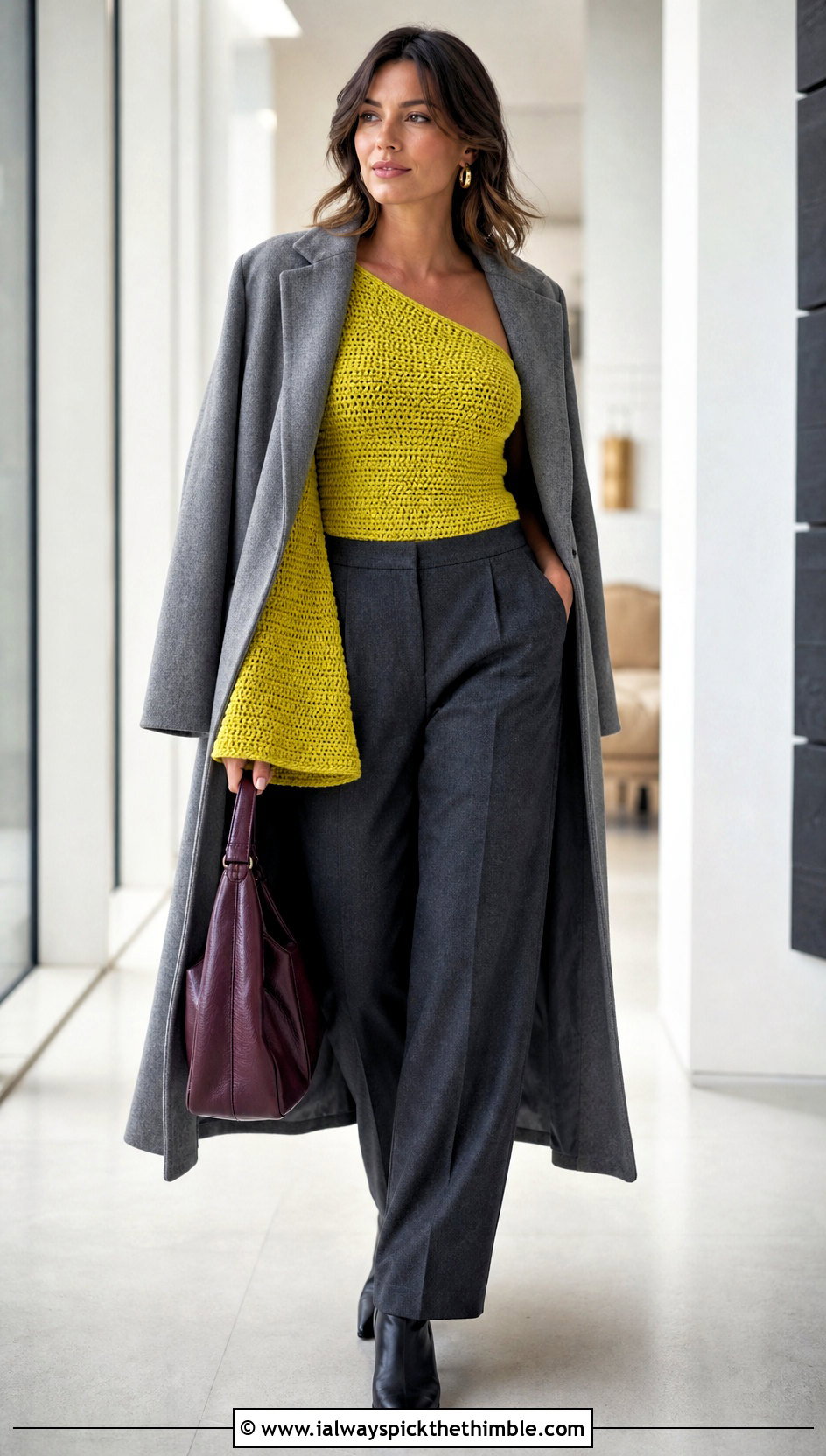Bell Sleeve One Shoulder Crochet Top With Wool Trousers - 25 one shoulder crochet top outfit ideas