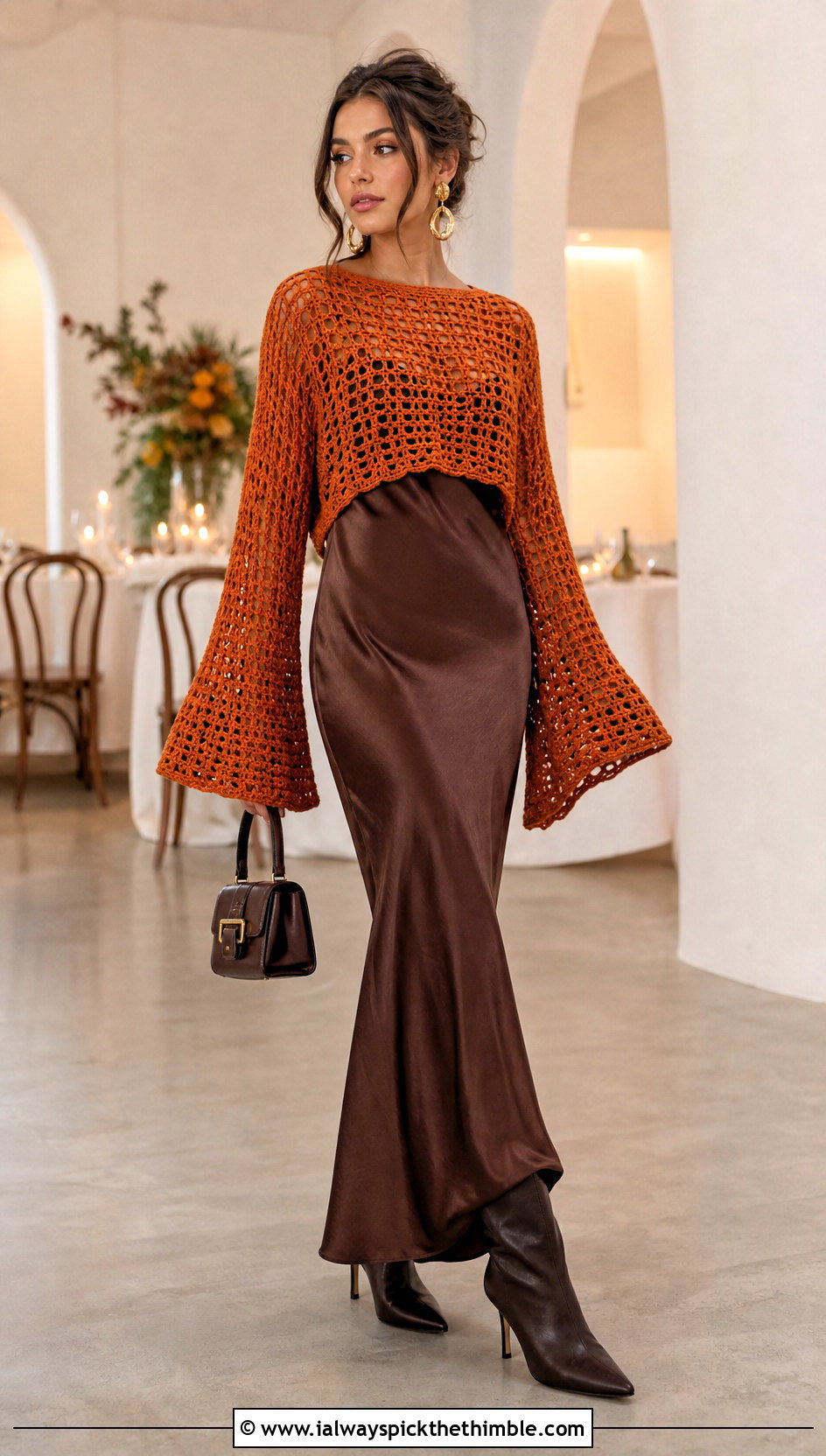 Bell Sleeve Orange Crochet Sweater Over A Slip Dress - 15 orange crochet sweater design outfit ideas