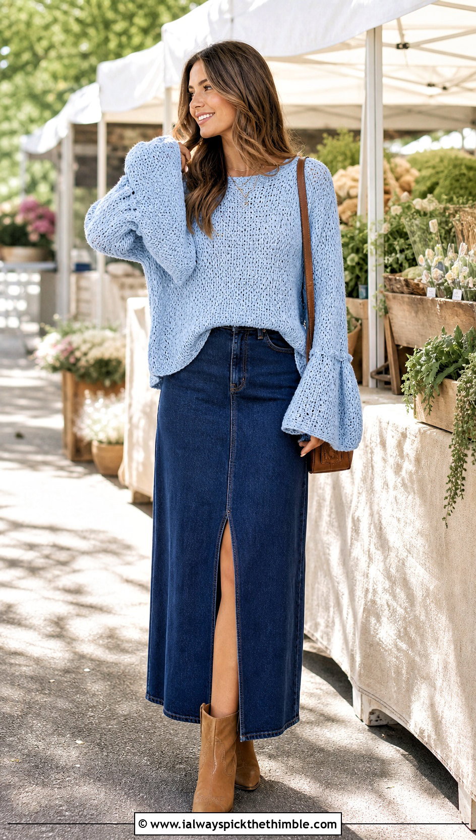 Bell Sleeve Oversize Crochet Sweater With Denim Maxi Skirt - 15 Oversize Crochet Sweater outfit ideas