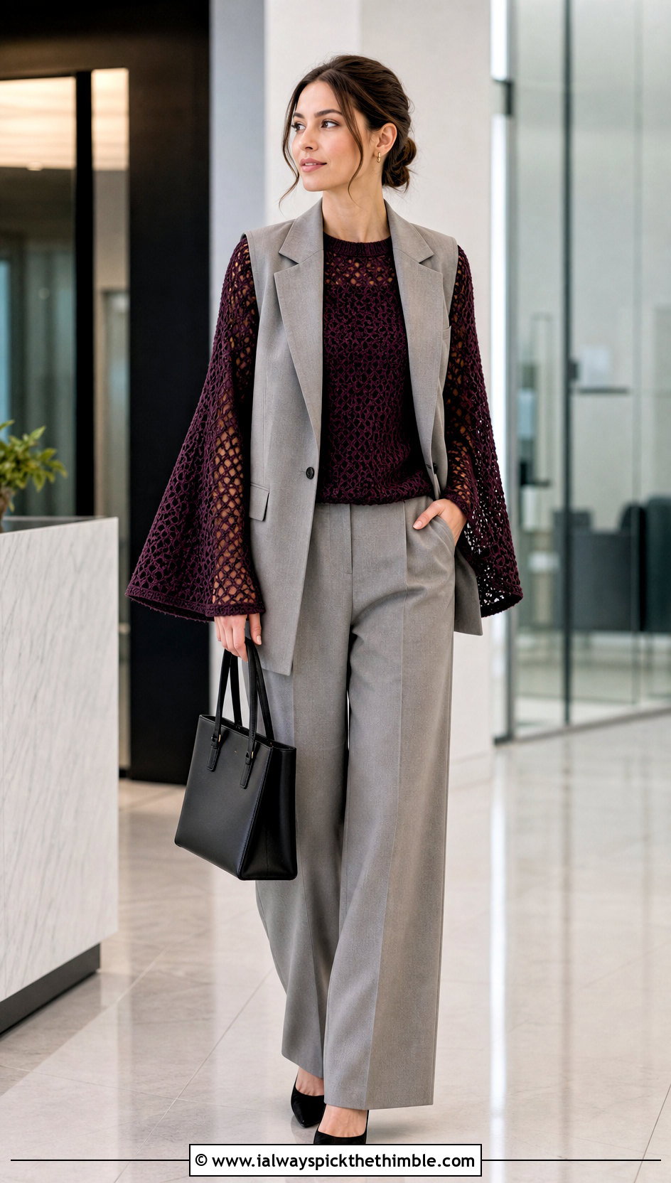 Bell Sleeve Oversized Crochet Sweater With Tailored Vest And Trousers - 15 Oversized Crochet Sweaters outfit ideas