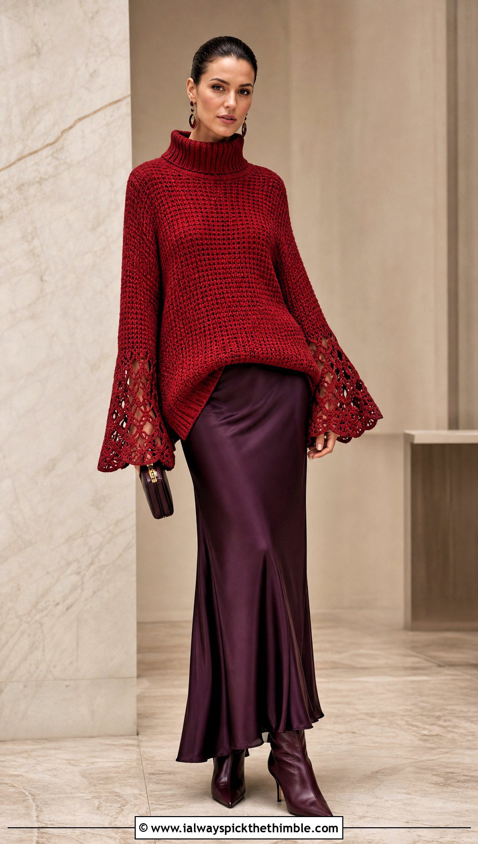 Bell Sleeve Oversized Turtleneck Crochet Sweater With Bias Cut Maxi Skirt - 15 oversized turtleneck crochet sweater outfit ideas