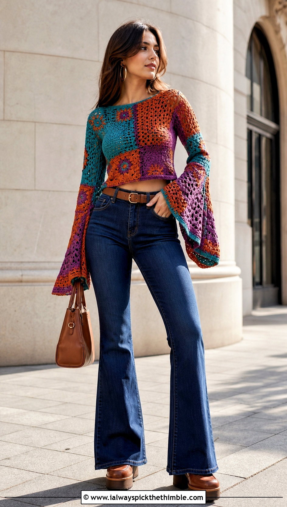 Bell Sleeve Patchwork Crochet Sweater With Flared Jeans - 25 patchwork crochet sweater outfit ideas