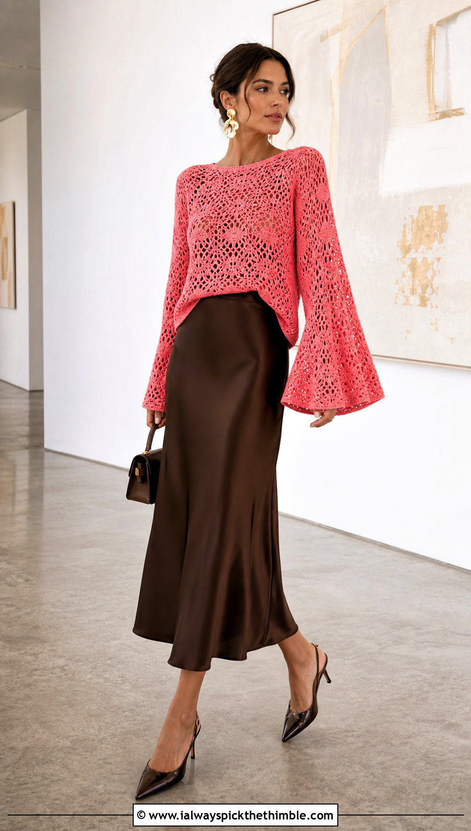 Bell Sleeve Pink Crochet Sweater With Satin Slip Skirt - 25 pink crochet sweater outfit ideas