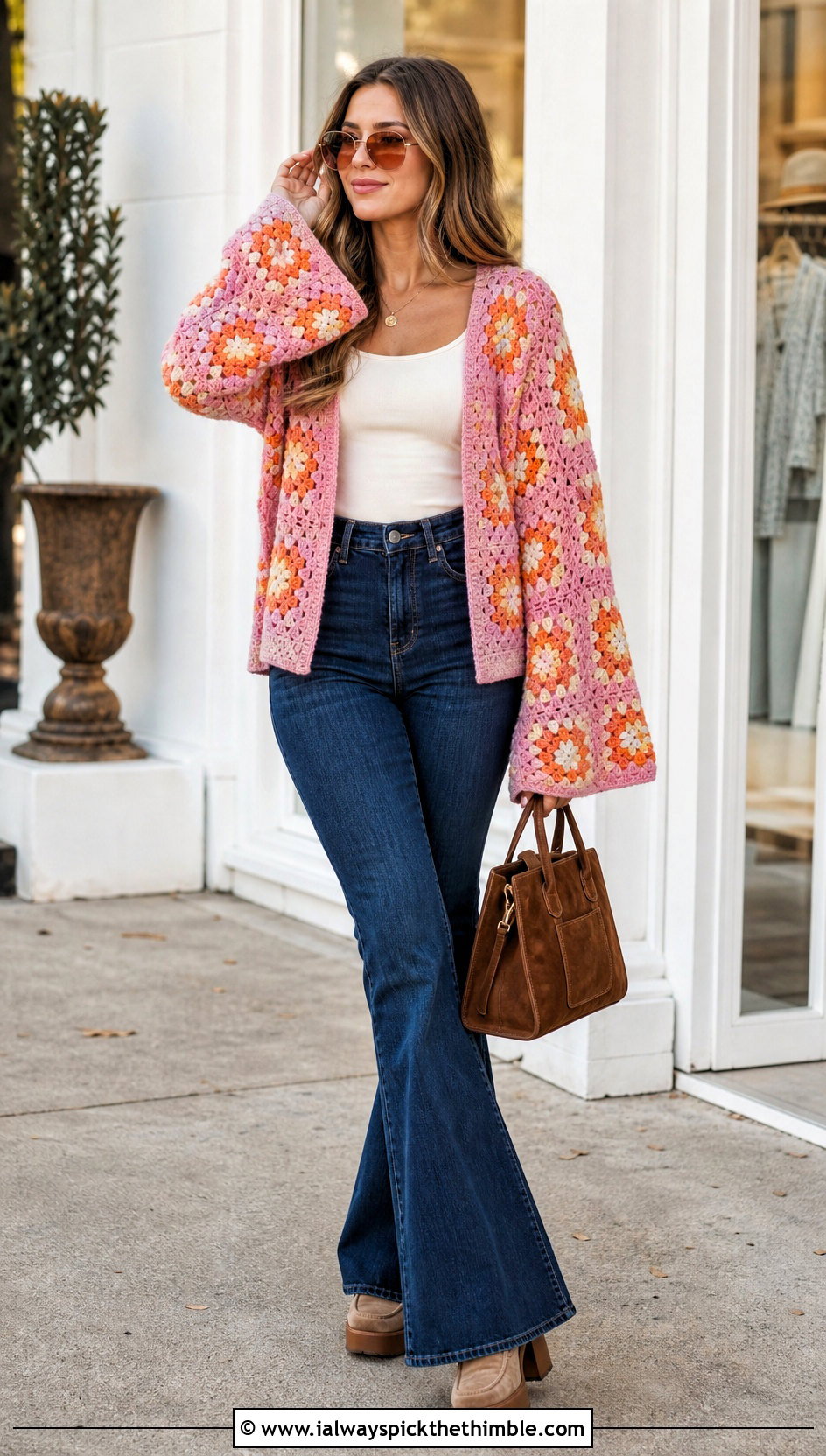 Bell Sleeve Pink Granny Square Cardigan With Flared Jeans - 25 pink granny square cardigan outfit ideas
