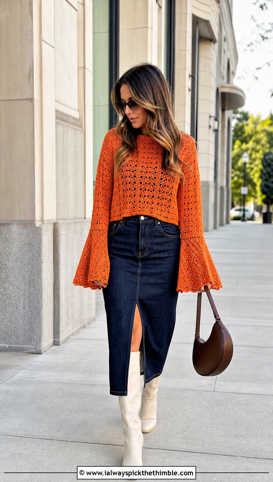 Bell Sleeve Pixie Crochet Sweater With Denim Midi Skirt - 20 Pixie Crochet Sweater outfit ideas