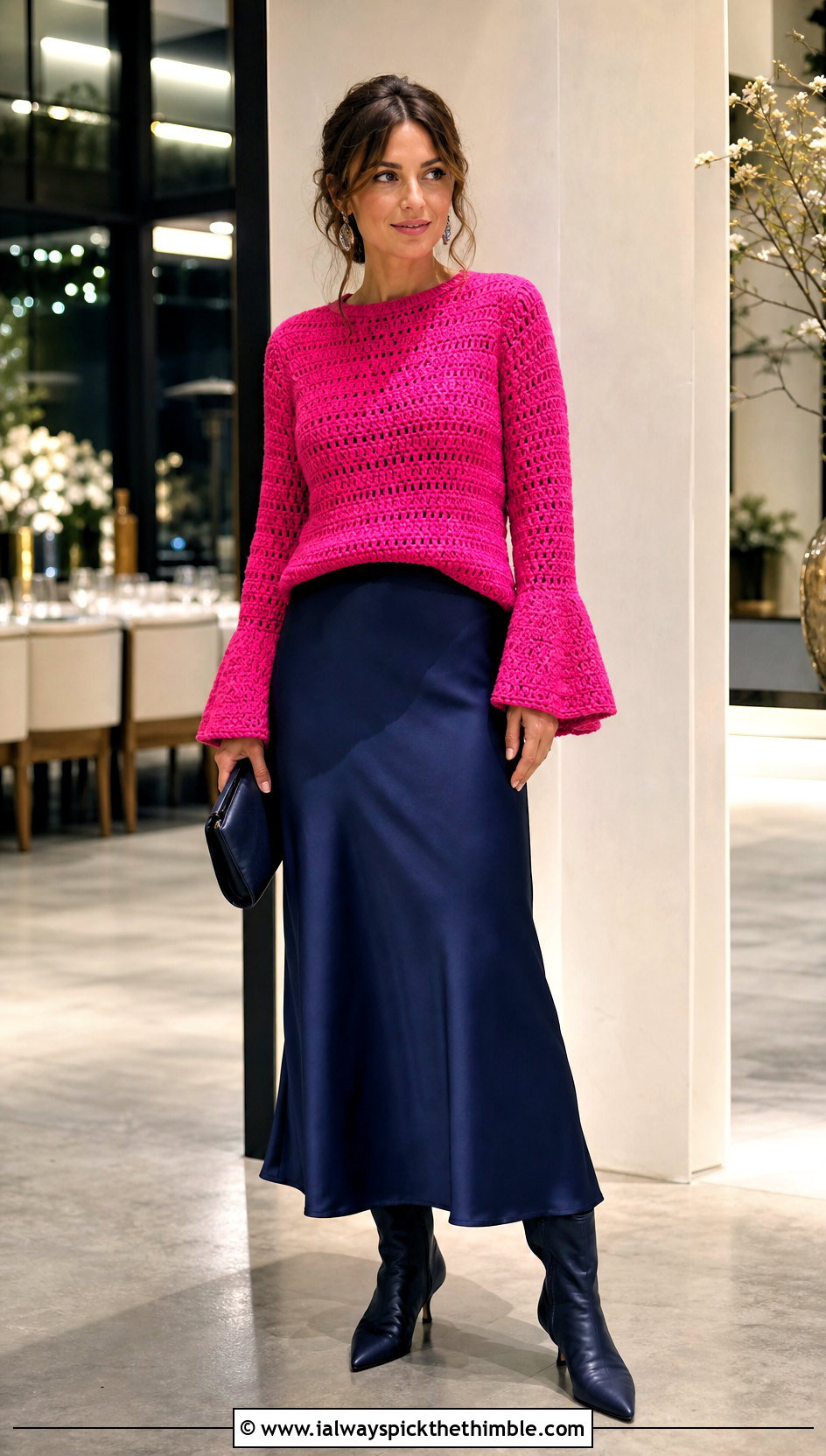 Bell Sleeve Pullover Crochet Sweater With Bias Cut Midi Skirt - 20 Pullover Crochet Sweater outfit ideas