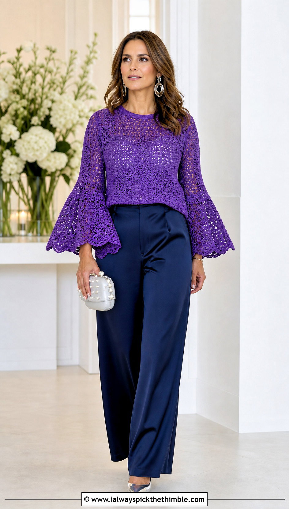 Bell Sleeve Purple Crochet Sweater With Satin Pants - 20 Crochet Purple Sweater outfit ideas