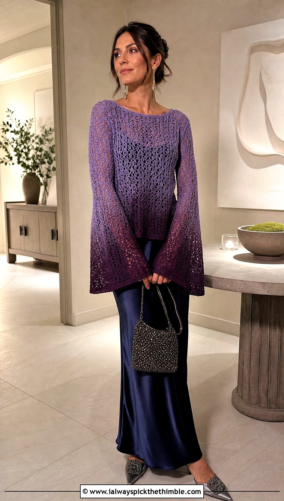 Bell Sleeve Purple Ombre Crochet Sweater Over A Slip Dress - 15 purple ombre crochet sweater outfit ideas