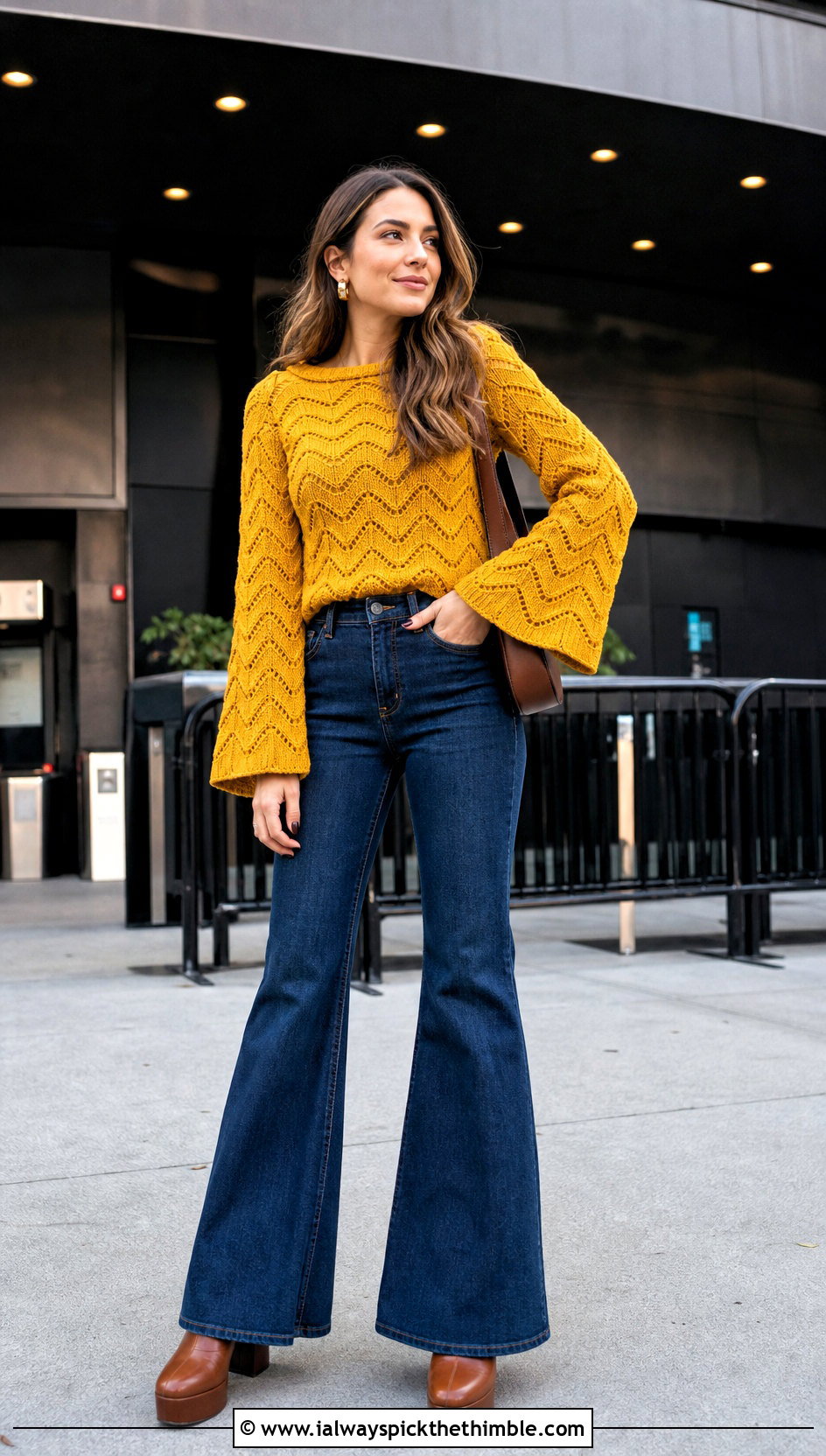 Bell Sleeve Ripple Sweater With Flared Jeans - 20 Crochet Ripple Stitch Sweater outfit ideas