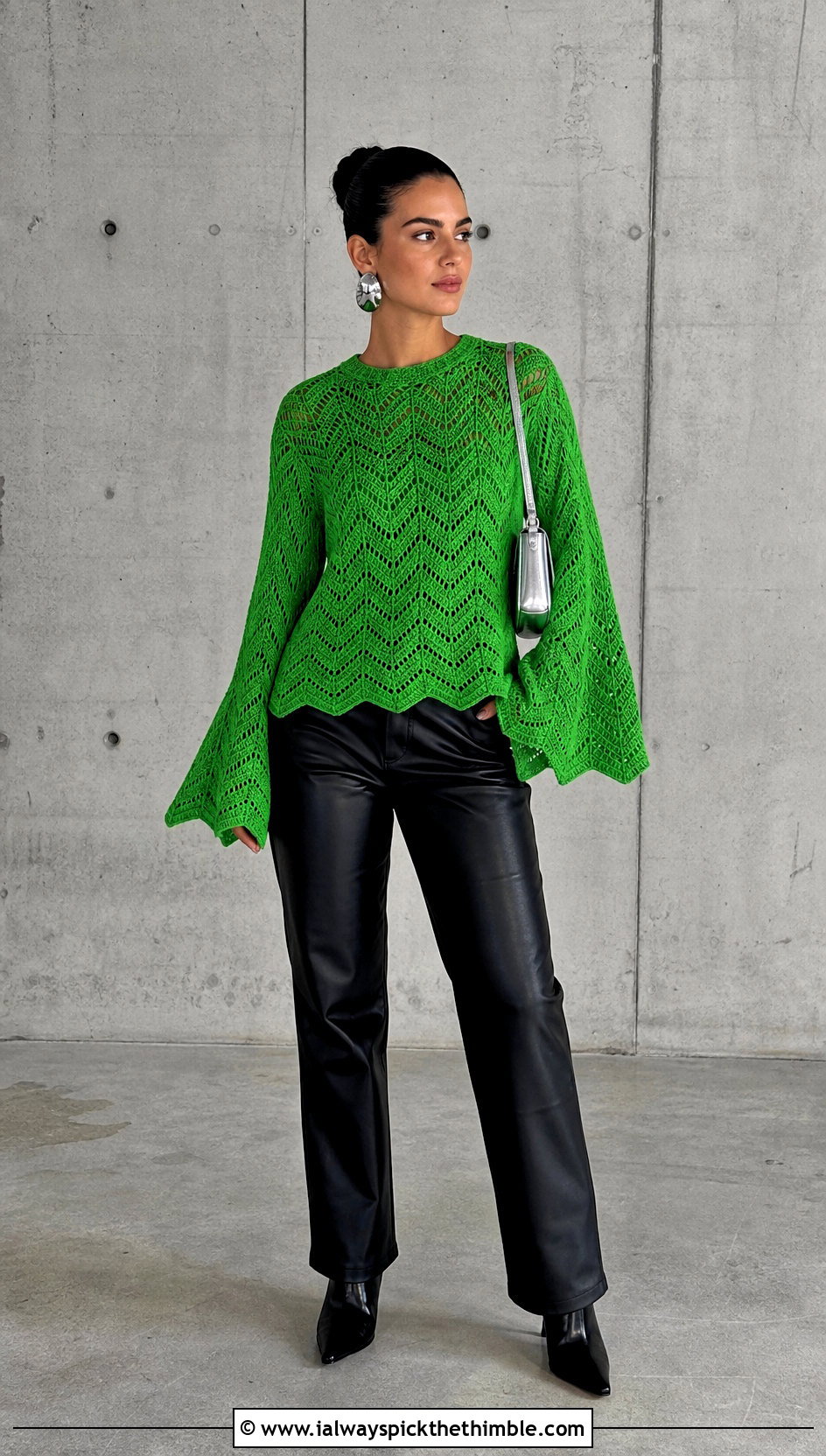 Bell Sleeve Ripple Sweater With Leather Pants - 20 crochet ripple sweater outfit ideas