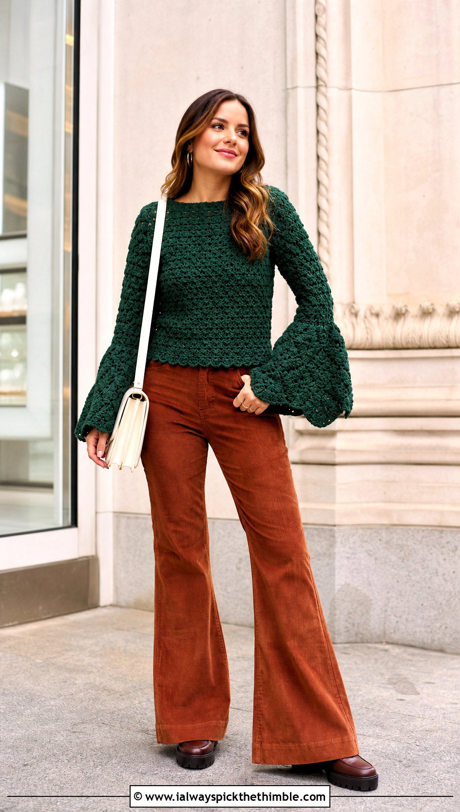 Bell Sleeve Shell Stitch Crochet Sweater With Corduroy Flares - 20 Shell Stitch Crochet Sweater outfit ideas