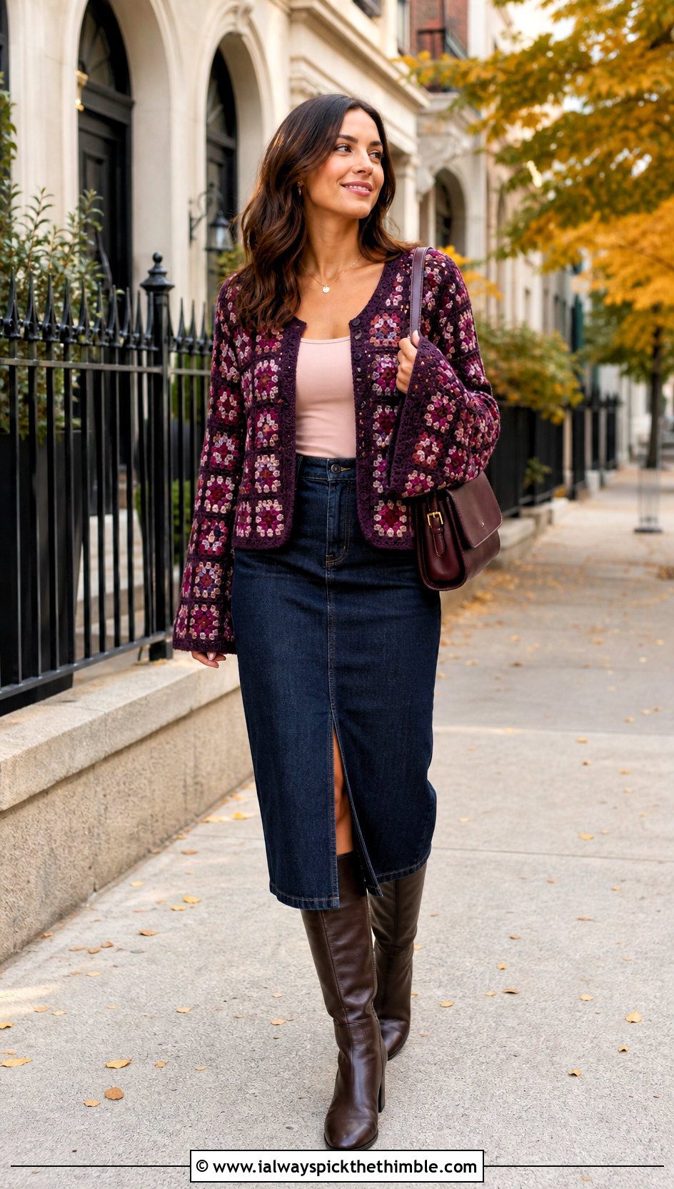 Bell Sleeve Small Granny Square Cardigan With Denim Midi Skirt - 20 Small Granny Square Cardigan outfit ideas