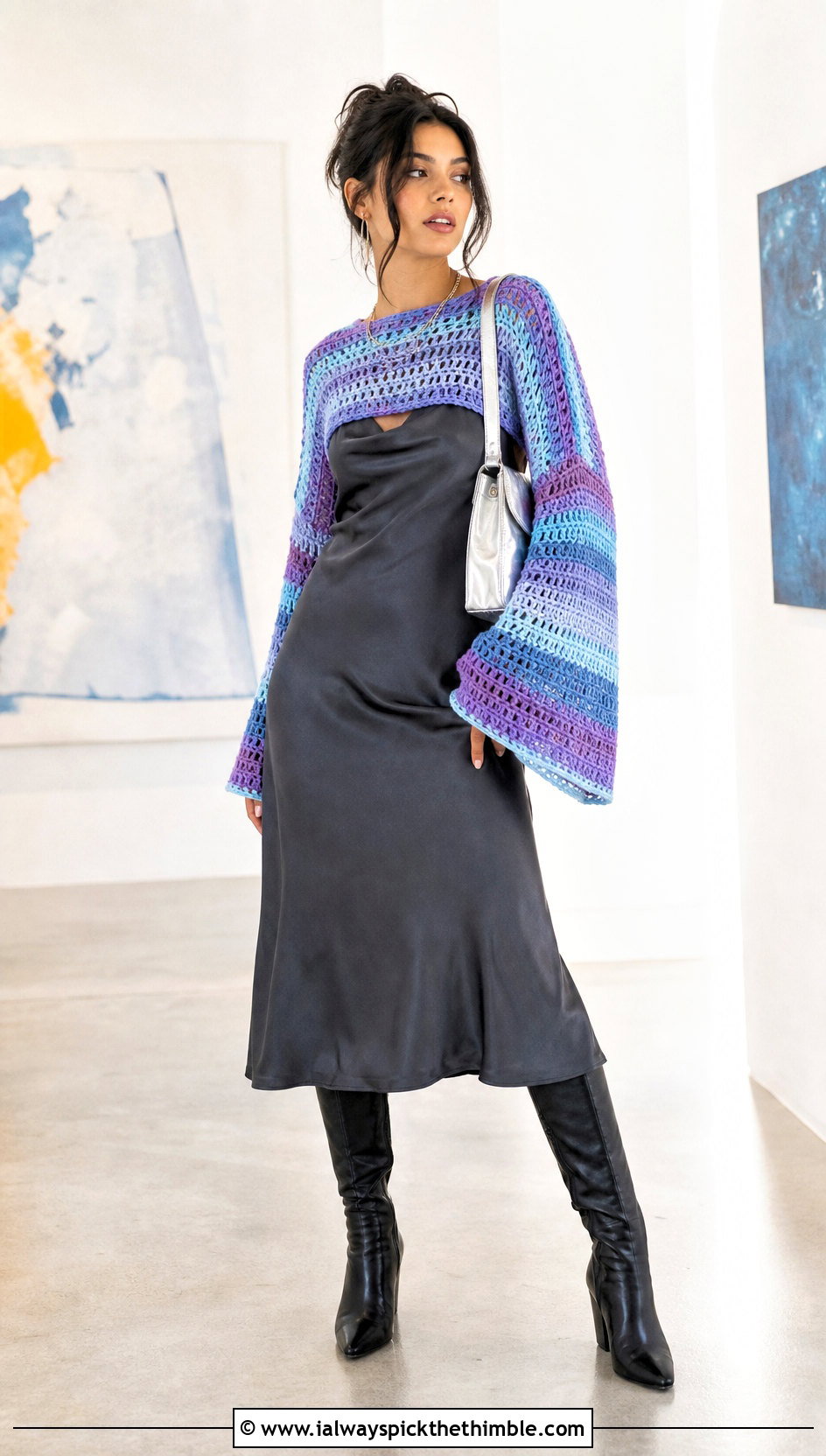Bell Sleeve Striped Crochet Sweater Over A Slip Dress - 20 striped crochet sweater outfit ideas