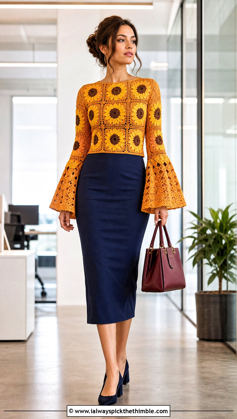 Bell Sleeve Sunflower Granny Square Sweater With Pencil Skirt - 20 sunflower granny square sweater outfit ideas