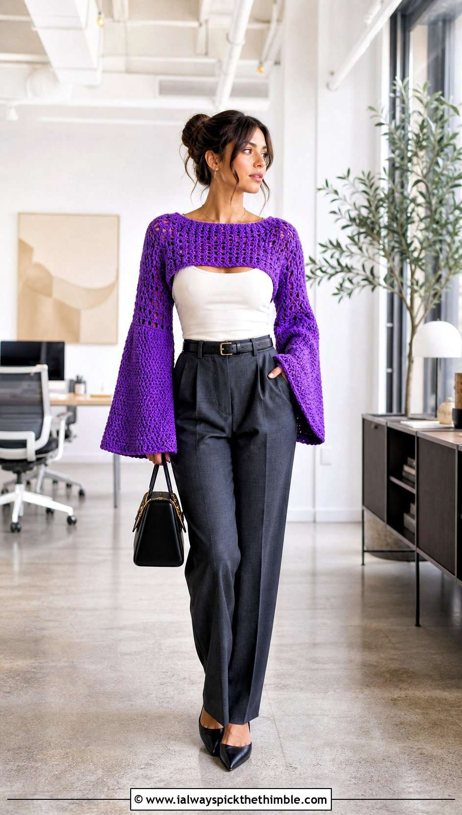 Bell Sleeve Super Cropped Crochet Sweater With Tailored Trousers - 20 Super Cropped Crochet Sweater outfit ideas