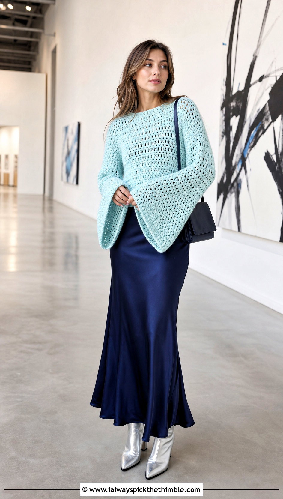 Bell Sleeve Thick Yarn Crochet Sweater With Slip Dress - 20 thick yarn crochet sweater outfit ideas
