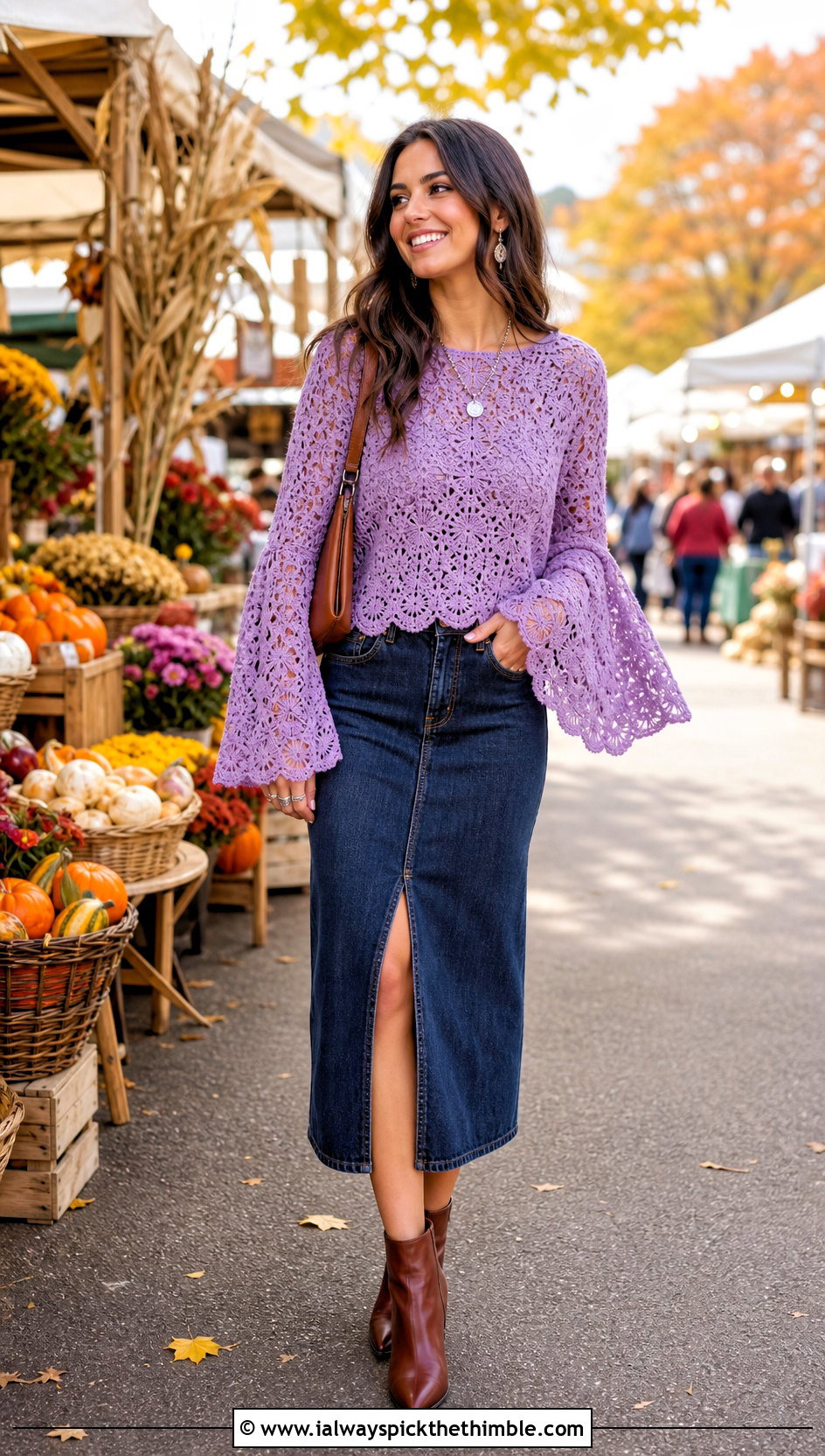 Bell Sleeve Thread Crochet Blouse With A Denim Midi Skirt - 15 Thread Crochet Tops outfit ideas