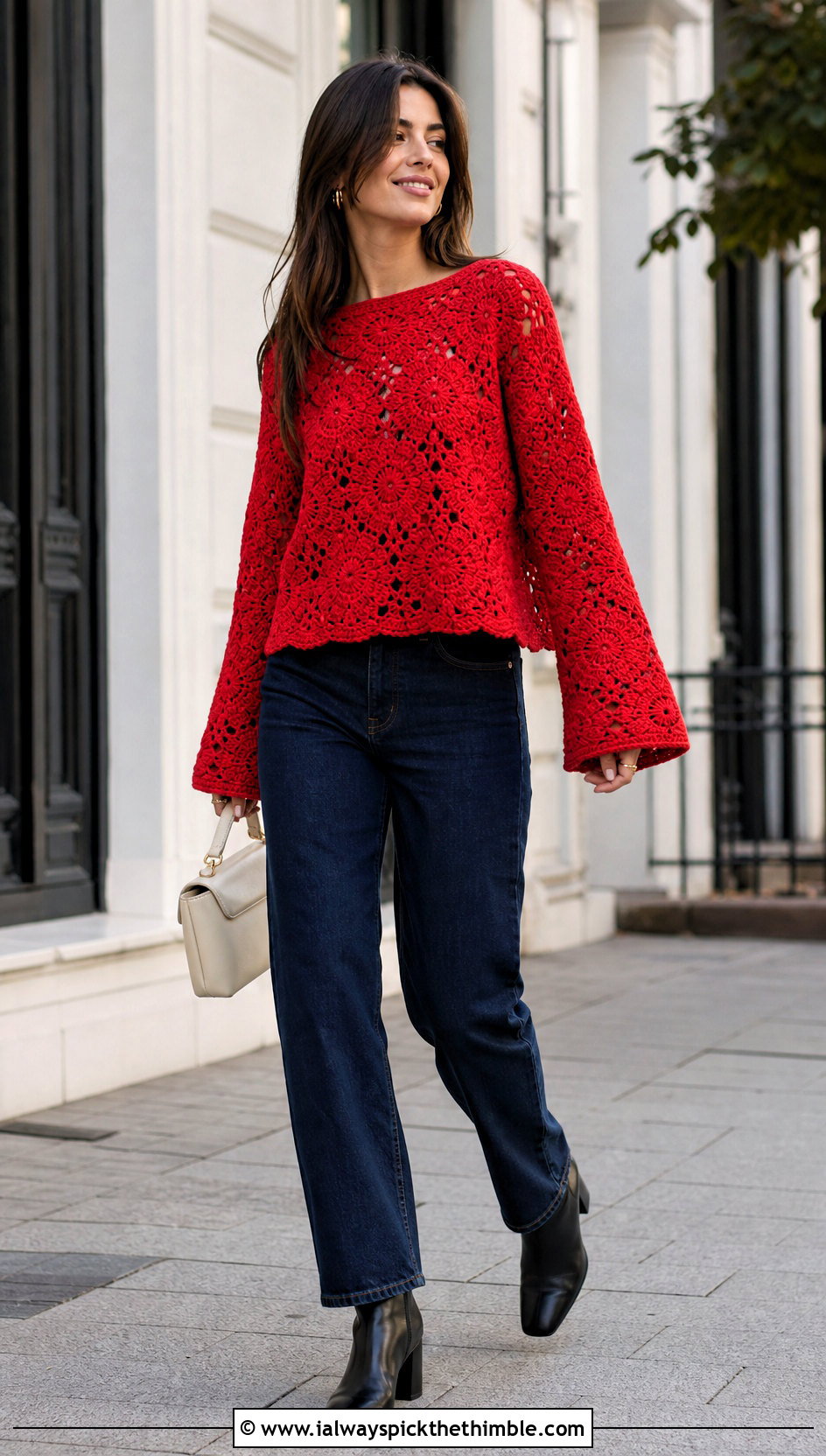 Bell Sleeve Tulip Crochet Sweater With Straight Jeans - 20 Tulip Crochet Sweater outfit ideas