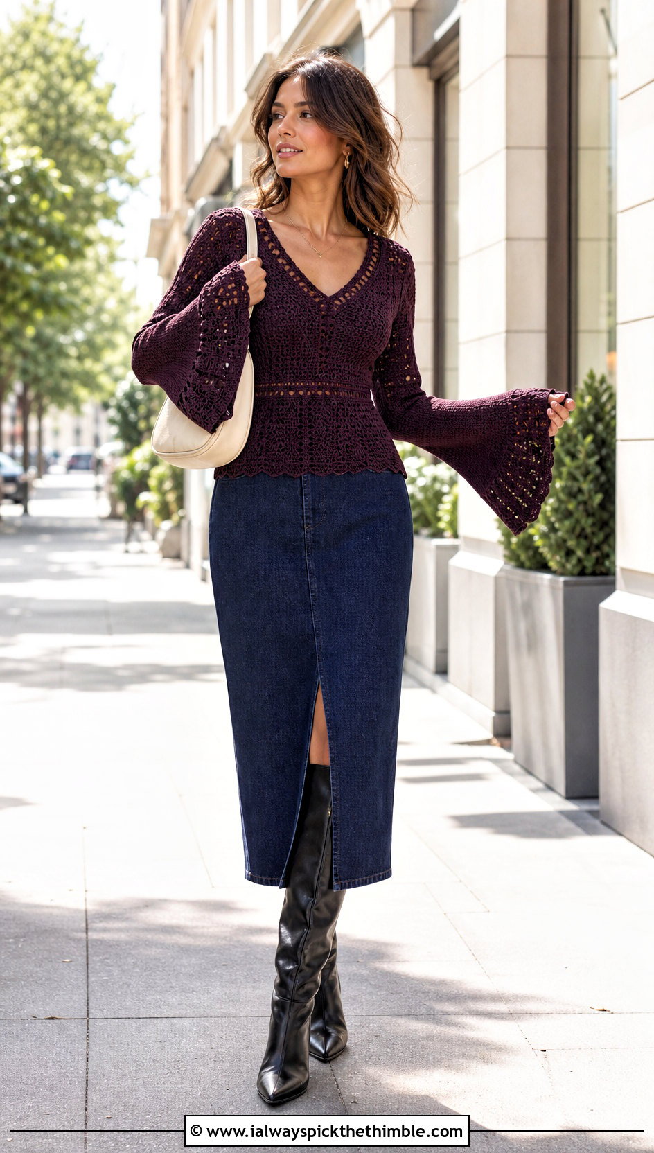 Bell Sleeve V Neck Crochet Top With Denim Midi Skirt - 25 v neck crochet top outfit ideas