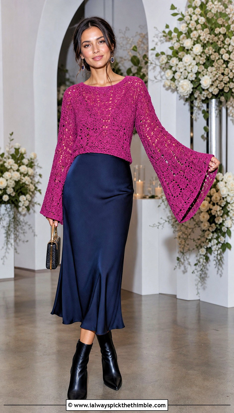 Bell Sleeve Velma Crochet Sweater With Bias Cut Midi Skirt - 15 Velma Crochet Sweater outfit ideas