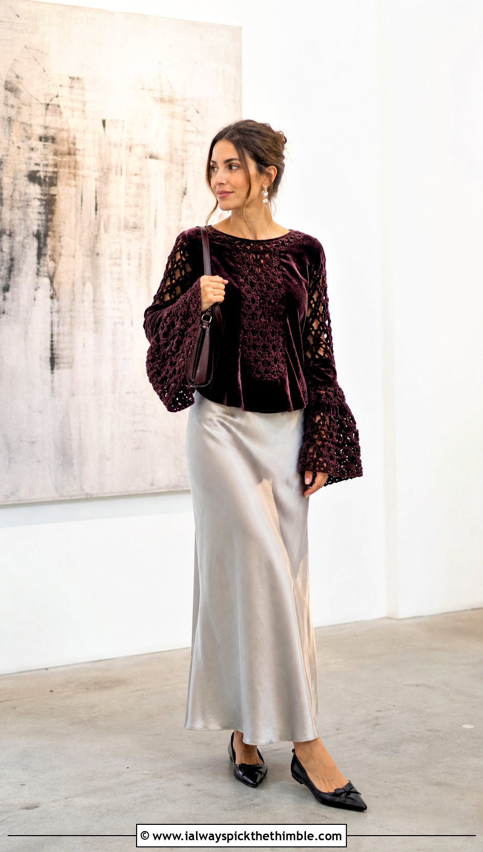Bell Sleeve Velvet Crochet Sweater With Slip Skirt - 20 velvet crochet sweater outfit ideas