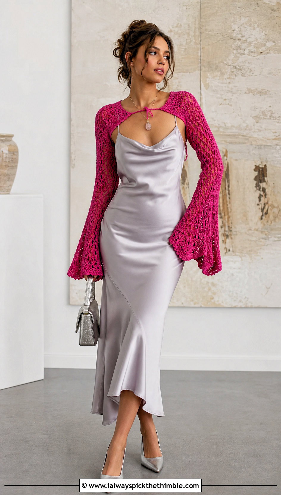 Bell Sleeve Y2K Crochet Shrug With Satin Slip Dress - 15 Y2K Crochet Shrug outfit ideas