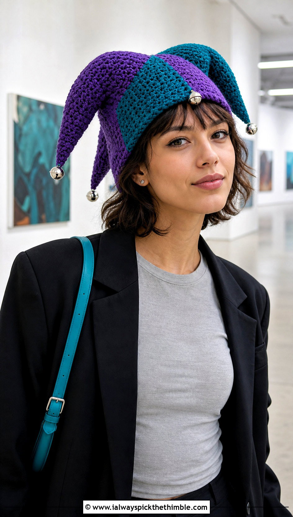 Bell Tip Crochet Pomni Hat With Black Blazer - 25 Crochet Pomni Hat outfit ideas