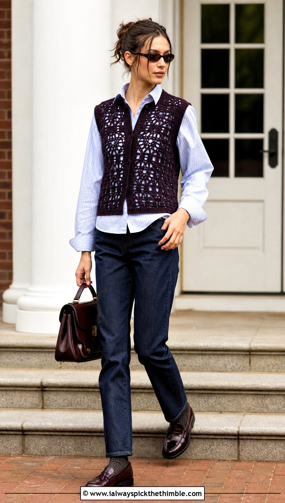 Bella Hadid Crochet Vest With Striped Shirt And Loafers - 20 Celebrities Crochet Outfit ideas