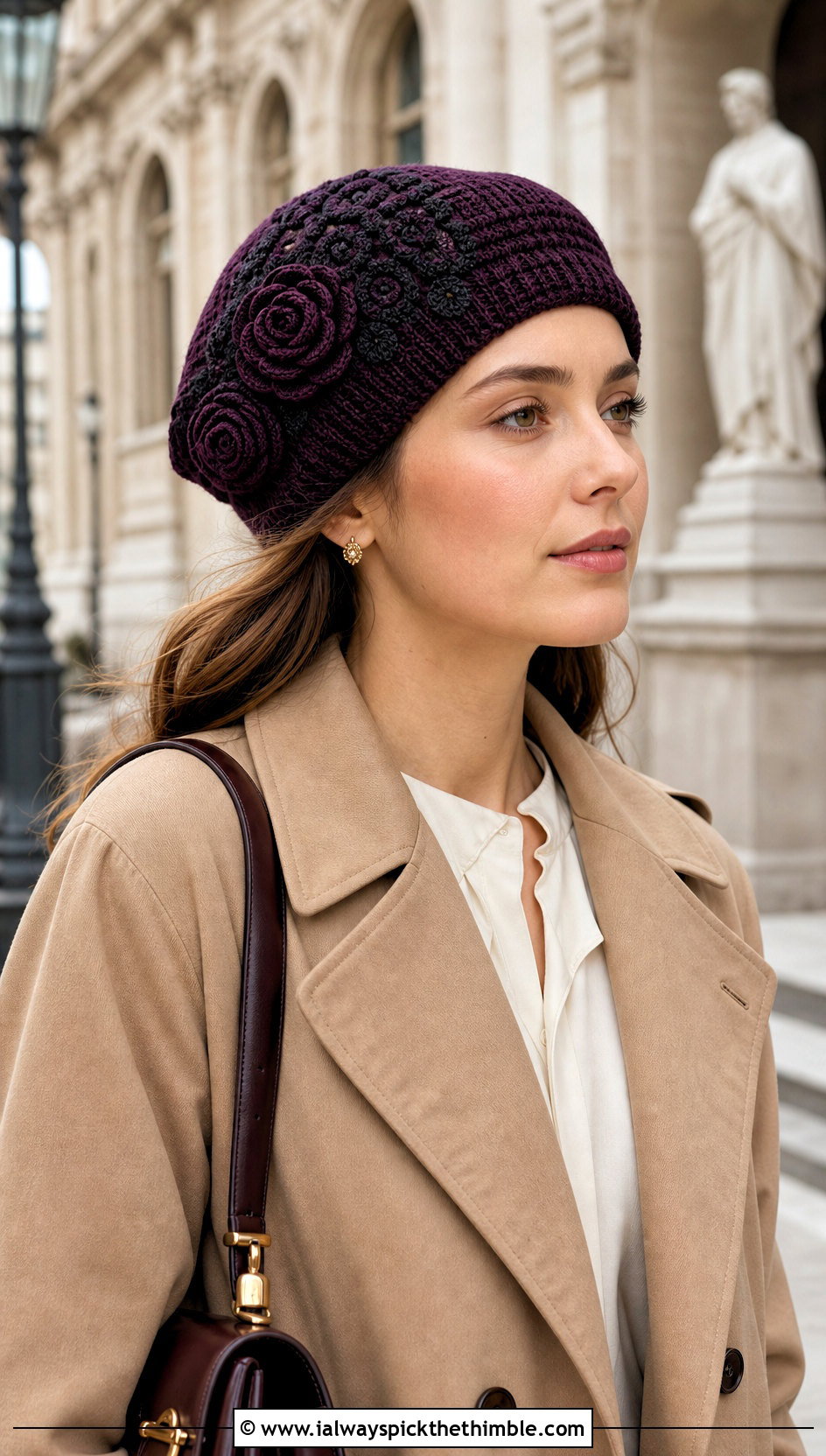 Belle Rose Crochet Beret With Trench Coat - 20 disney crochet hat outfit ideas