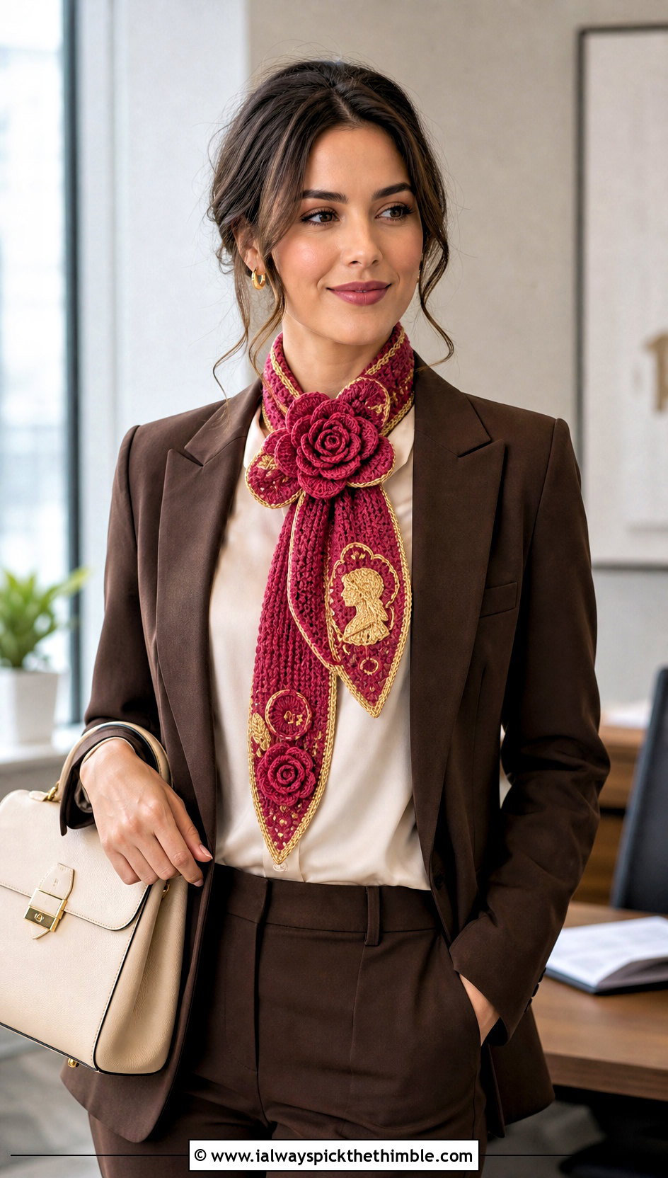Belle Rose Motif Crochet Disney Scarf With Tailored Suit - 20 Crochet Disney Scarf outfit ideas