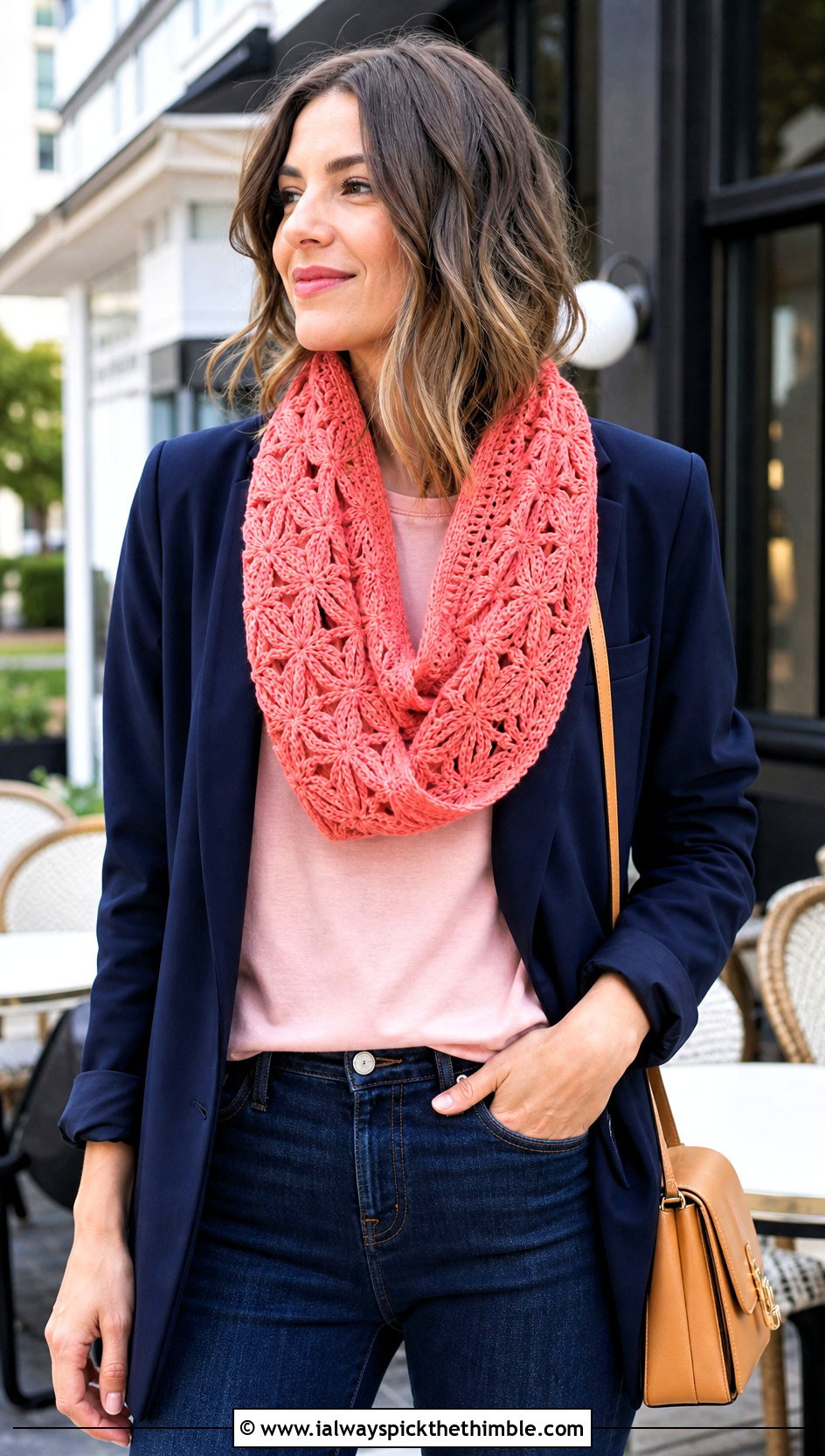 Bellflower Infinity Crochet Scarf With Blazer And Jeans - 15 bellflower infinity crochet scarf outfit ideas