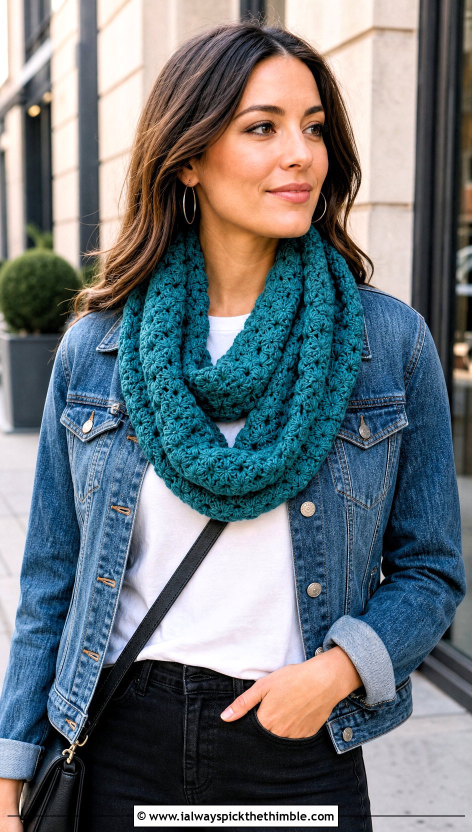 Bellflower Infinity Crochet Scarf With Denim Jacket - 15 bellflower infinity crochet scarf outfit ideas