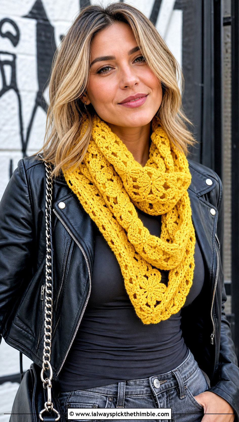 Bellflower Infinity Crochet Scarf With Leather Jacket - 15 bellflower infinity crochet scarf outfit ideas