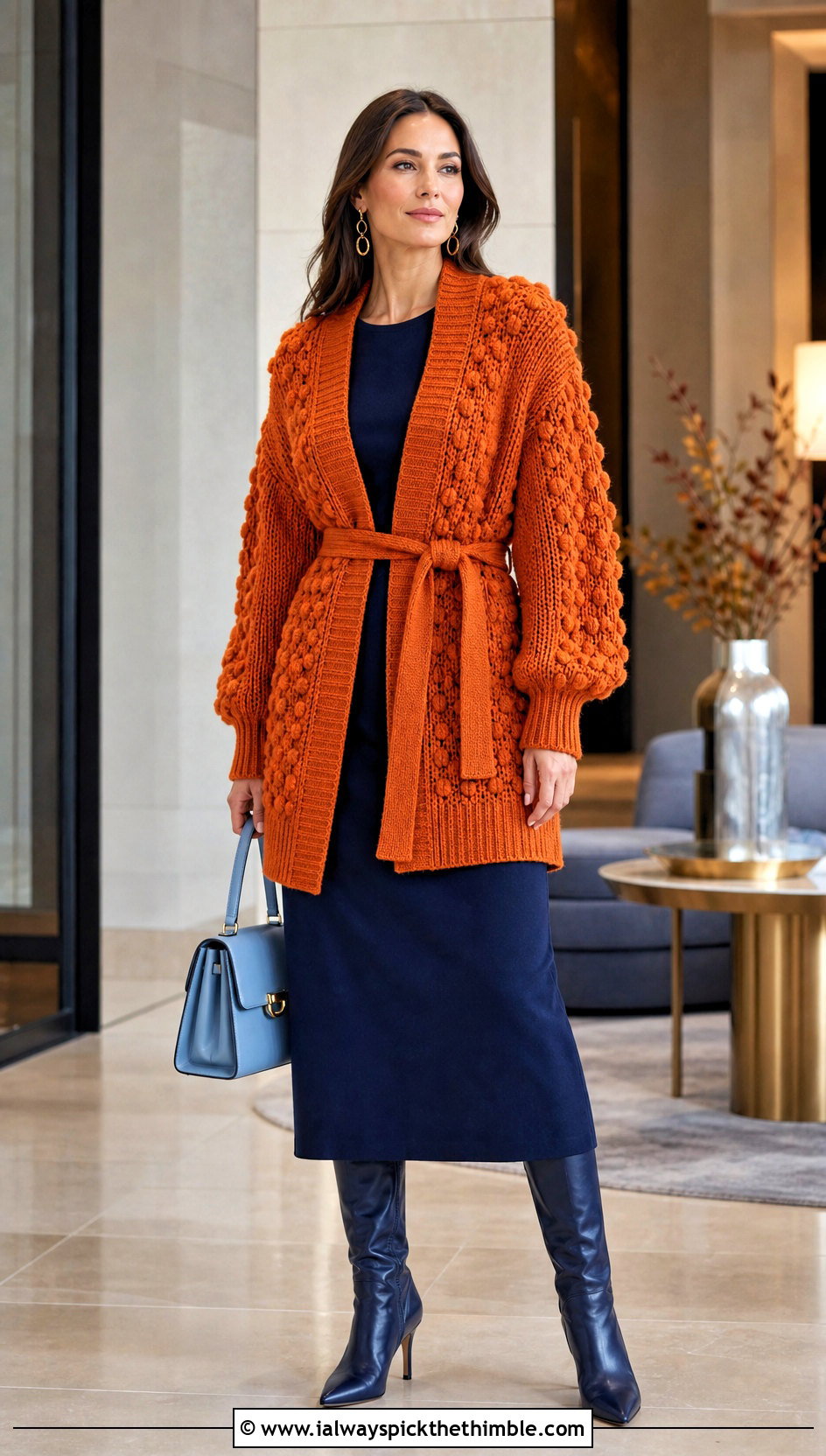 Belted Bobble Cardigan With Column Dress - 20 Crochet Bobble Cardigan outfit ideas