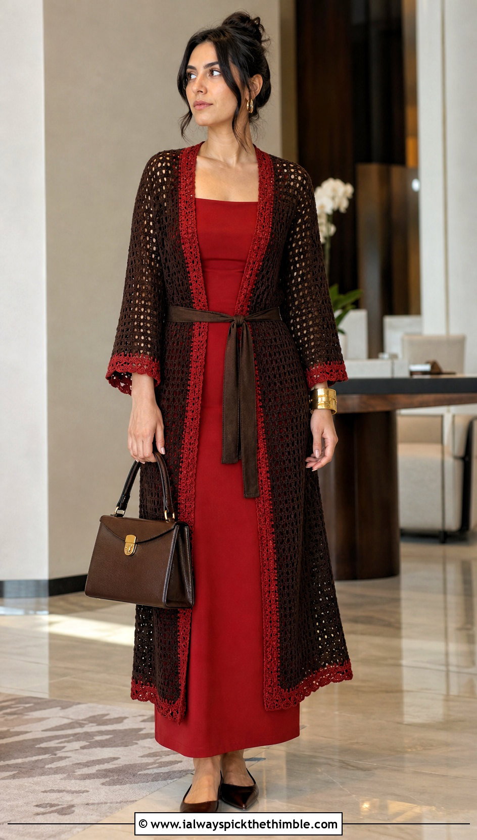 Belted Brown Crochet Duster Cardigan With Column Dress - 25 Brown Crochet Cardigan outfit ideas