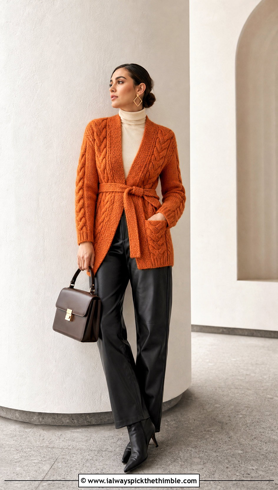 Belted Cable Cardigan With Leather Pants - 20 Crochet Cable Cardigan outfit ideas