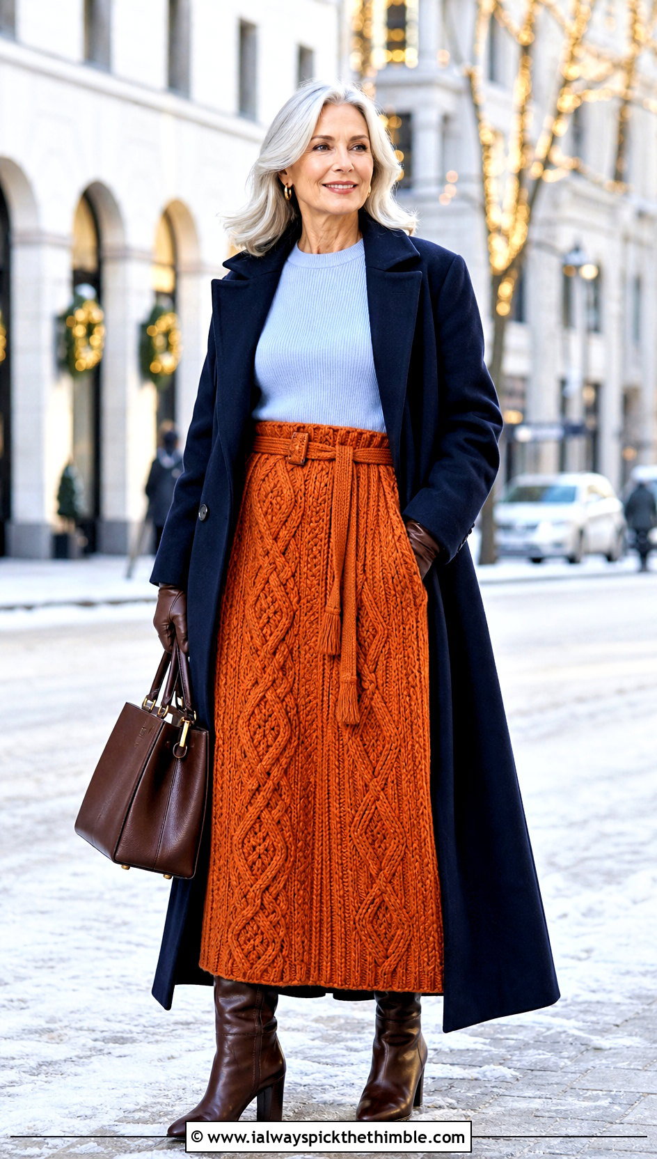 Belted Cable Maxi Skirt With Long Coat And Tall Boots - 15 crochet cable skirt outfit ideas