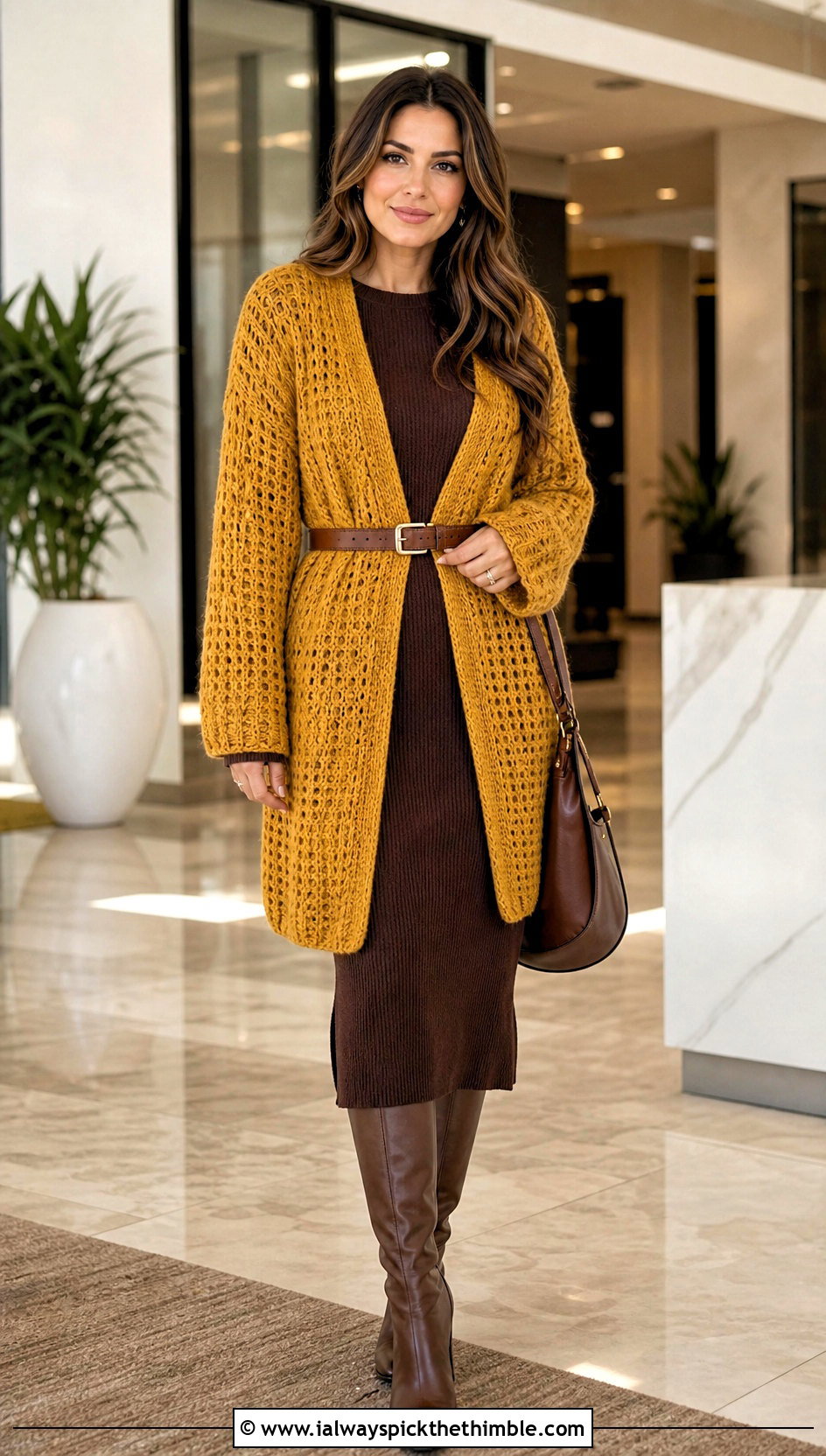 Belted Campfire Cardigan With Ribbed Knit Dress - 20 crochet campfire cardigan outfit ideas