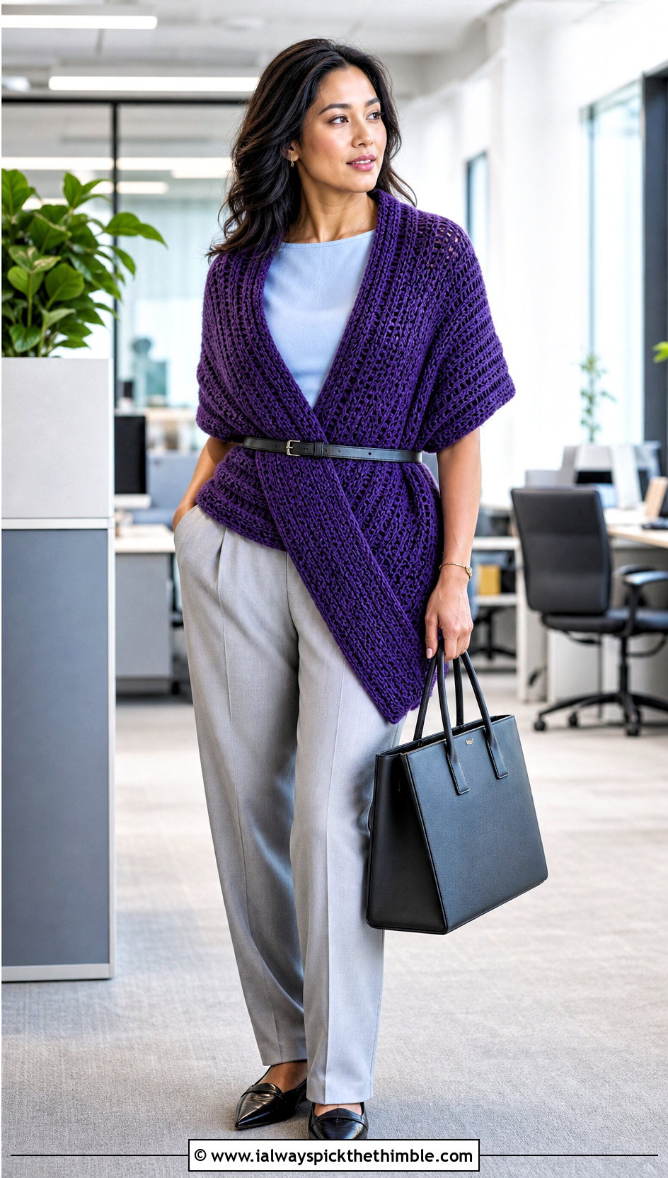 Belted Cardigan Wrap Double Sleeve Scarf With Pleated Pants - 20 crochet double sleeve scarf outfit ideas