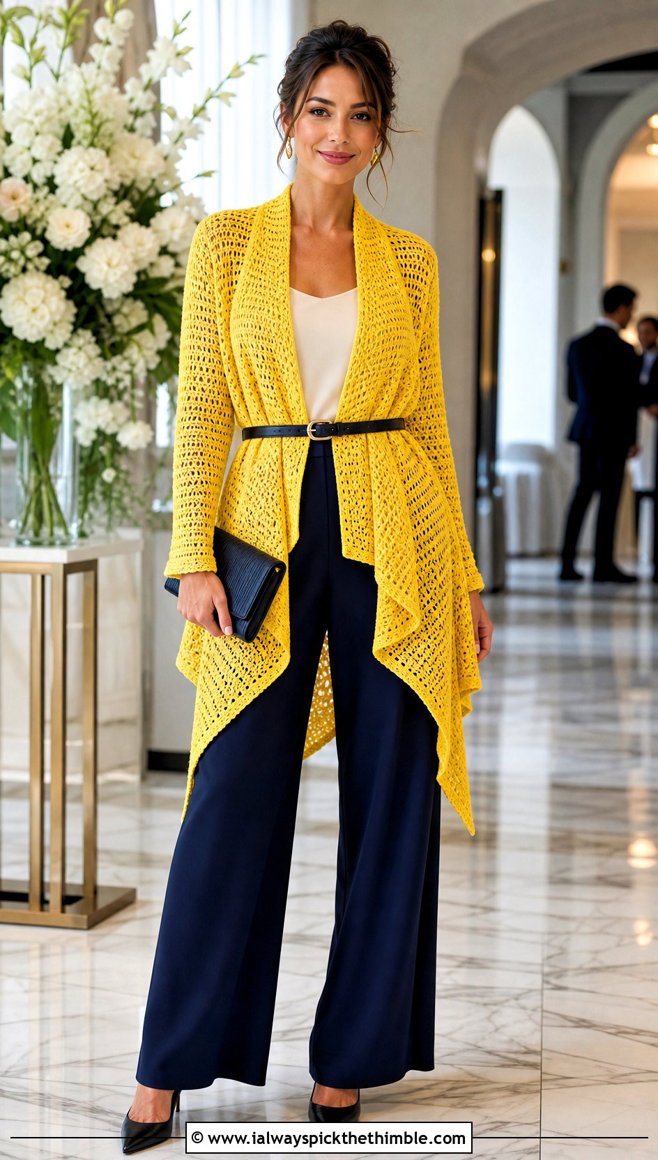 Belted Cascade Crochet Drape Cardigan With Wide Leg Pants - 15 Crochet Drape Cardigan outfit ideas