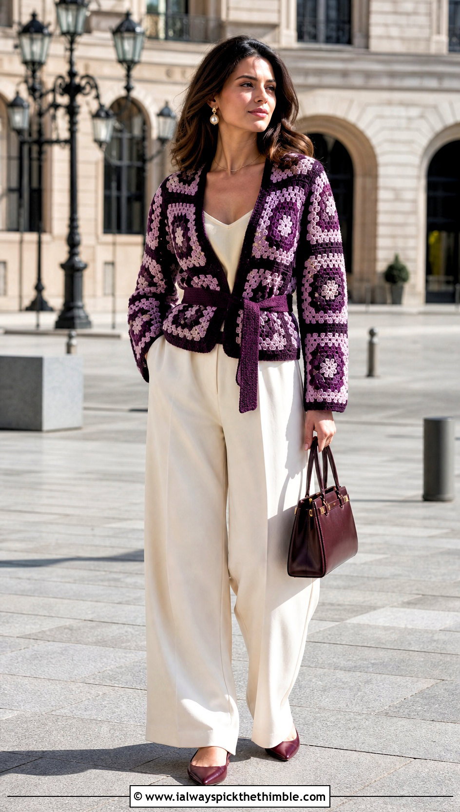 Belted Checkered Granny Square Cardigan With Wide Leg Trousers - 20 checkered granny square cardigan outfit ideas
