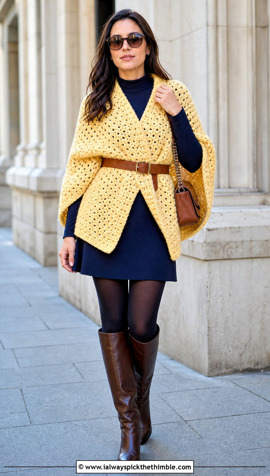 Belted Chunky Crochet Poncho With Mini Skirt And Tights - 20 Chunky Crochet Poncho outfit ideas