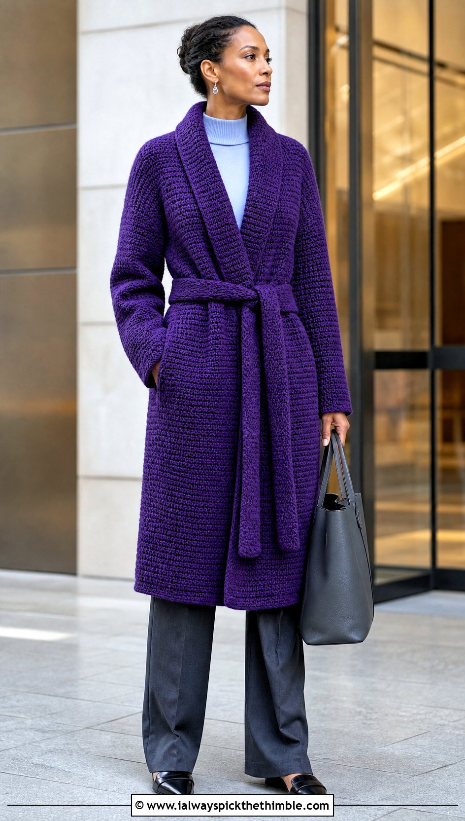 Belted Chunky Crochet Wrap Coat With Tailored Trousers - 20 Chunky Crochet Coat outfit ideas