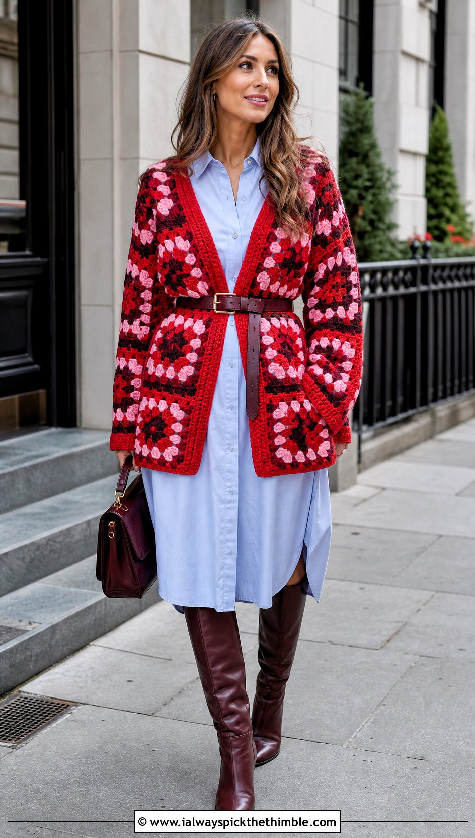 Belted Chunky Granny Square Cardigan With Shirt Dress - 25 Chunky Granny Square Cardigan outfit ideas