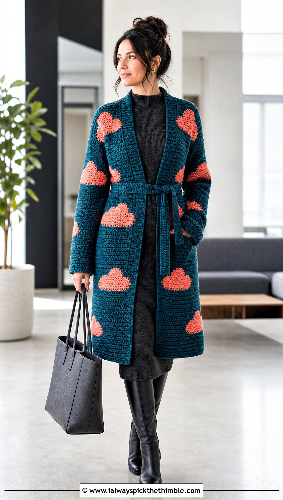 Belted Cloud Cardigan With a Knit Midi Dress - 25 crochet cloud cardigan outfit ideas