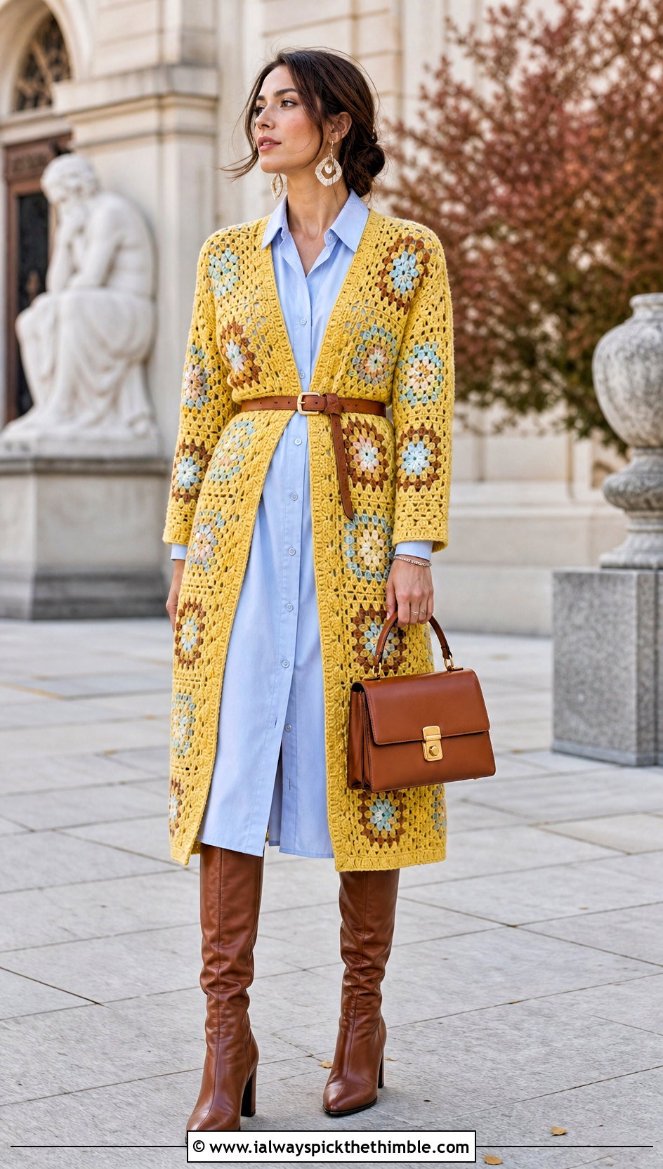 Belted Continuous Granny Square Cardigan With A Shirt Dress - 20 continuous granny square cardigan outfit ideas