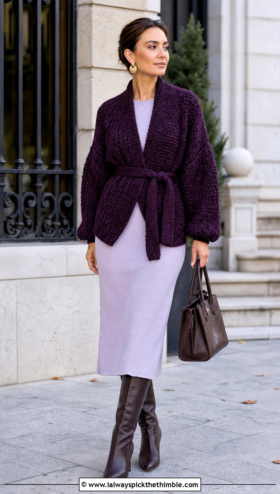 Belted Crochet Balloon Sleeve Cardigan With Column Dress - 20 crochet balloon sleeve cardigan outfit ideas